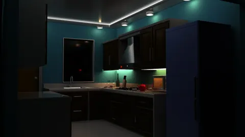 Modern kitchen interior at night