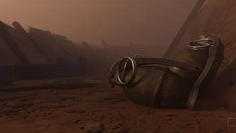Desert scene with a half-buried object