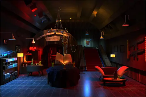 Interior with warm lamps and a red staircase