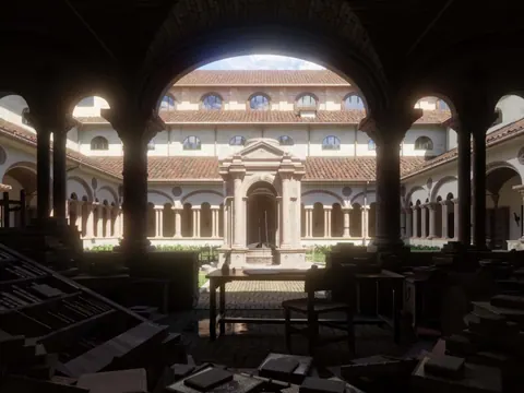 Courtyard seen through stone arches