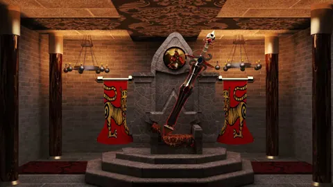 Throne room with banners and a sword