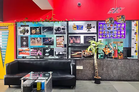Lobby with student work on the walls