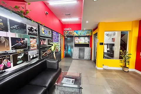 Lounge with student artwork display