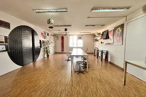 Open studio floor with wooden flooring