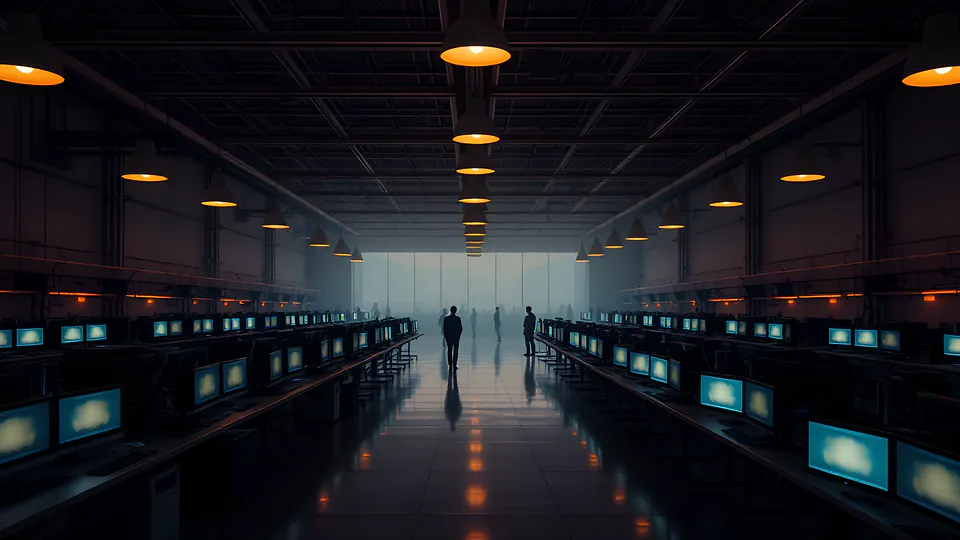 A large animation studio floor with rows of glowing workstations and distant figures.
