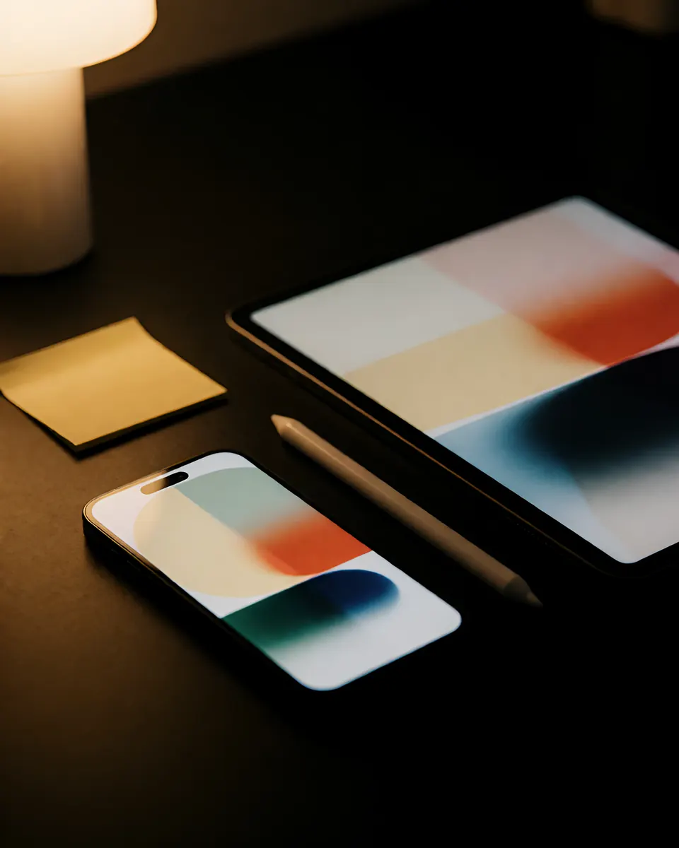 A phone and tablet on a dark desk showing abstract colour blocks, with a stylus.