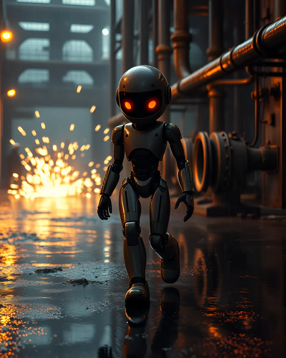 A stylised 3D robot walking through a rainy industrial set with flying sparks.