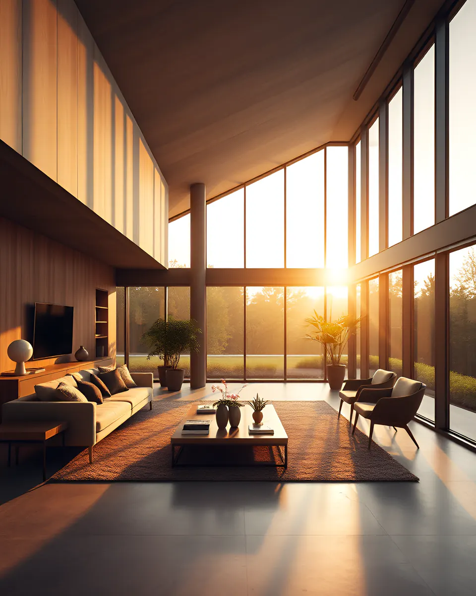 A photoreal architectural render of a modern living room at golden hour.