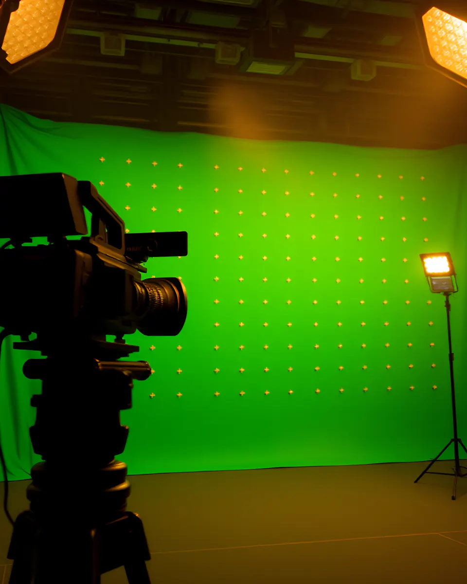 A film set with a green screen covered in tracking markers and a camera on a dolly.