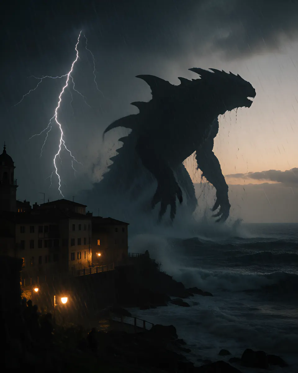 A giant creature silhouette rising from the sea beside a city in a storm.