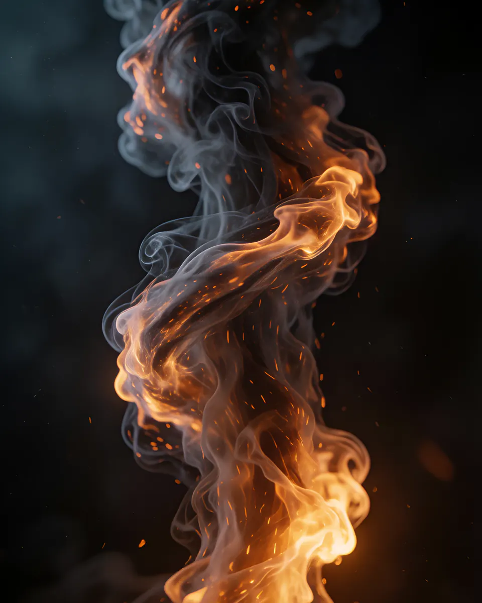 A swirling column of simulated fire and smoke with glowing embers.