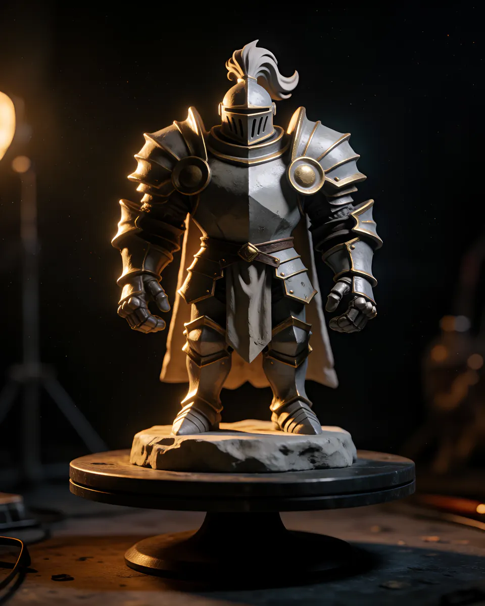 A stylised fantasy knight statue game asset on a turntable.