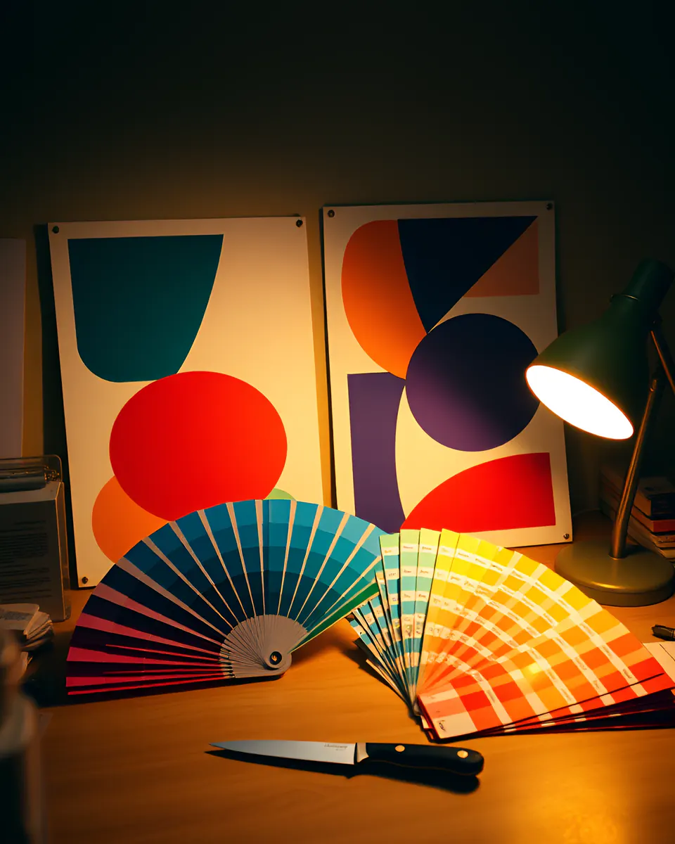 Abstract geometric printed posters and colour swatches on a designer's desk.