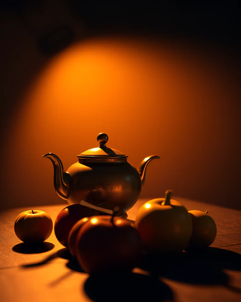 A 3D still life of a teapot and fruit lit by a dramatic warm spotlight.