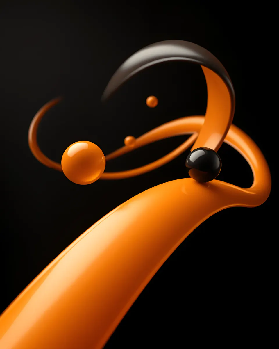 Glossy black and amber 3D ribbons and spheres flowing through a dark space.