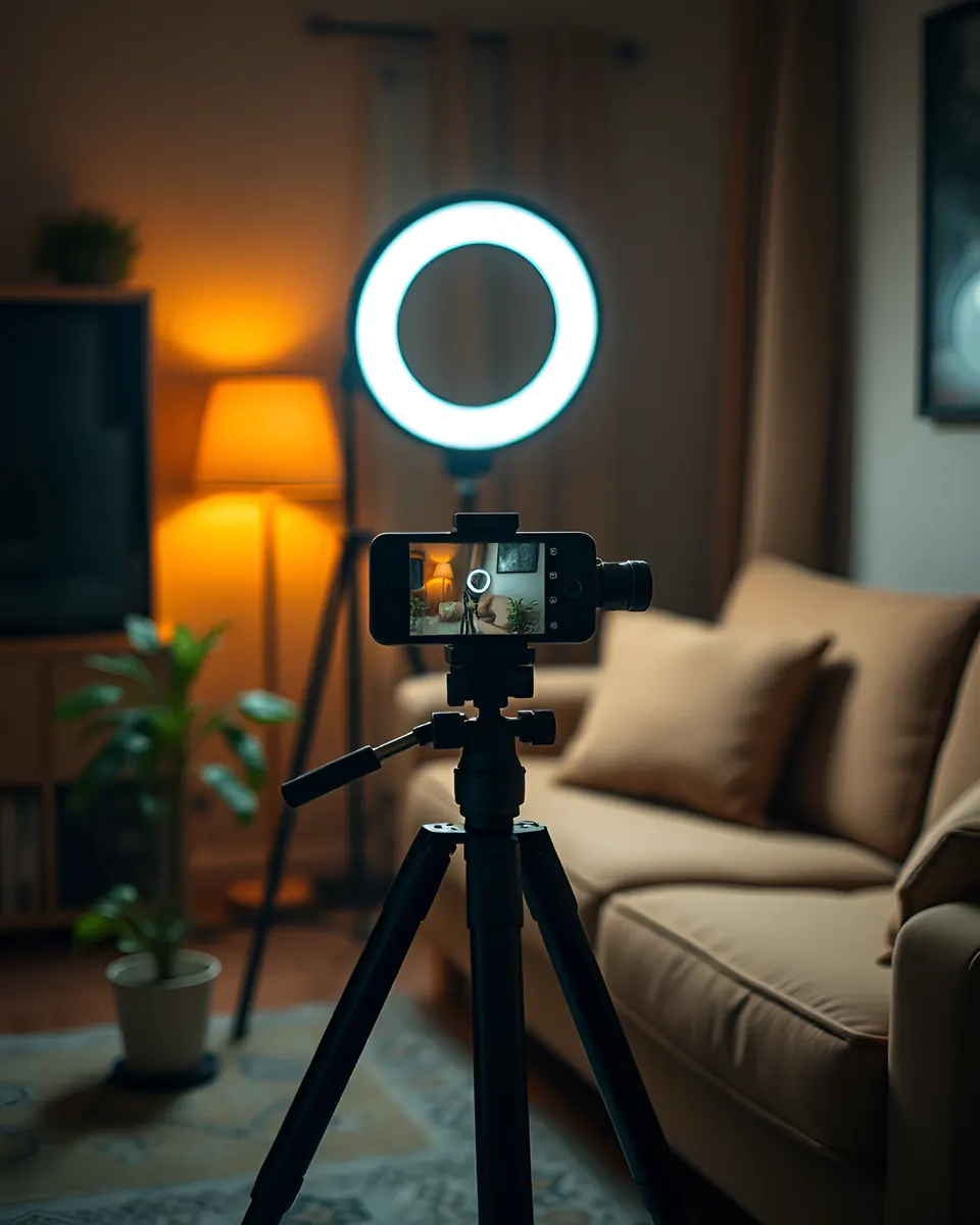 A content creator setup with a phone on a tripod, a ring light and a microphone.