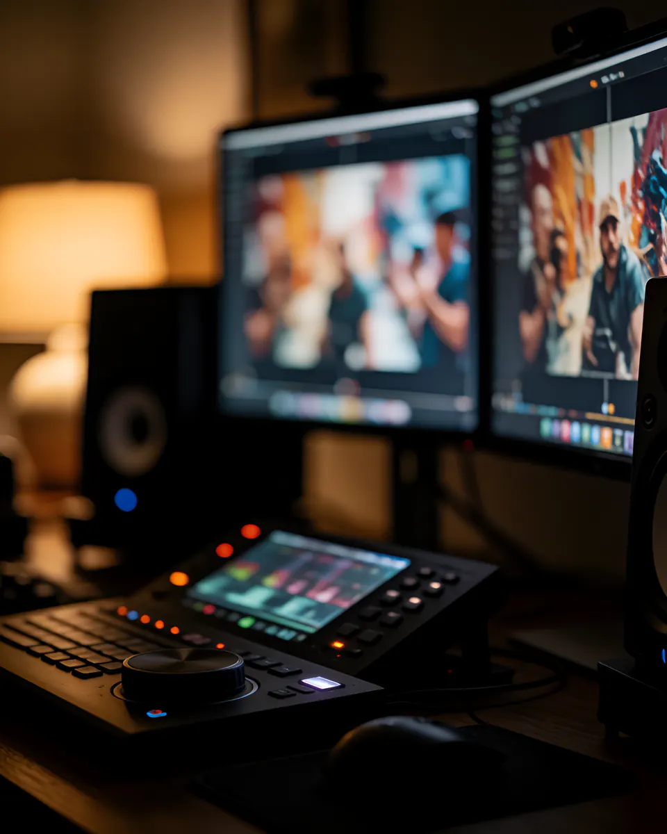 A video editing suite at night with monitors and an editing control surface.
