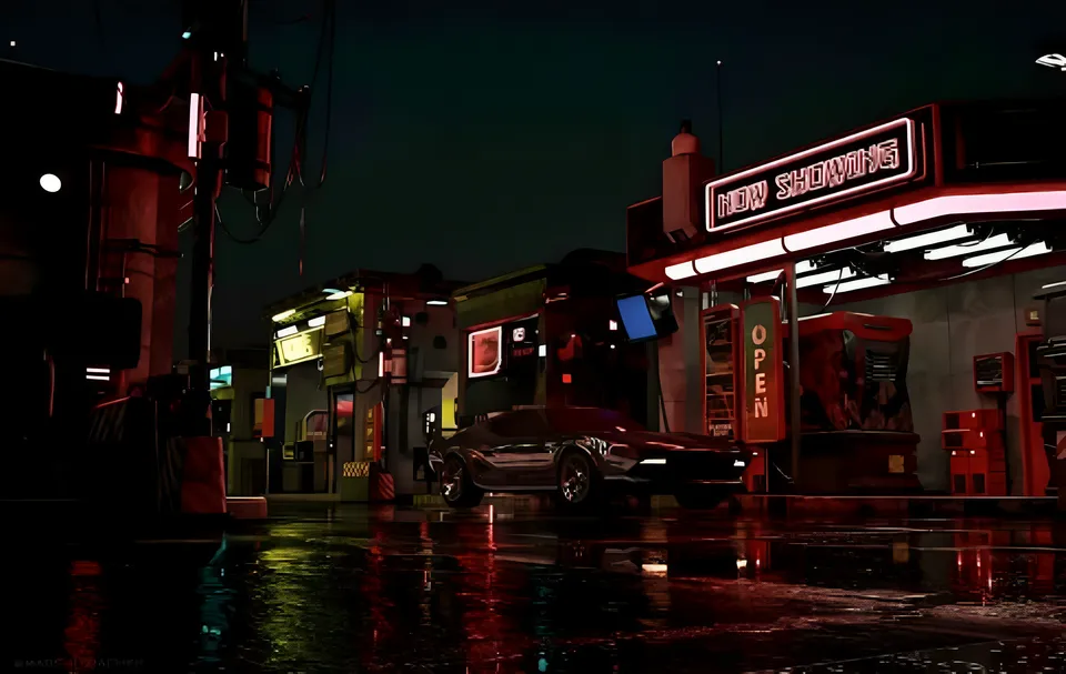 Student 3D render of a rain-soaked neon street at night