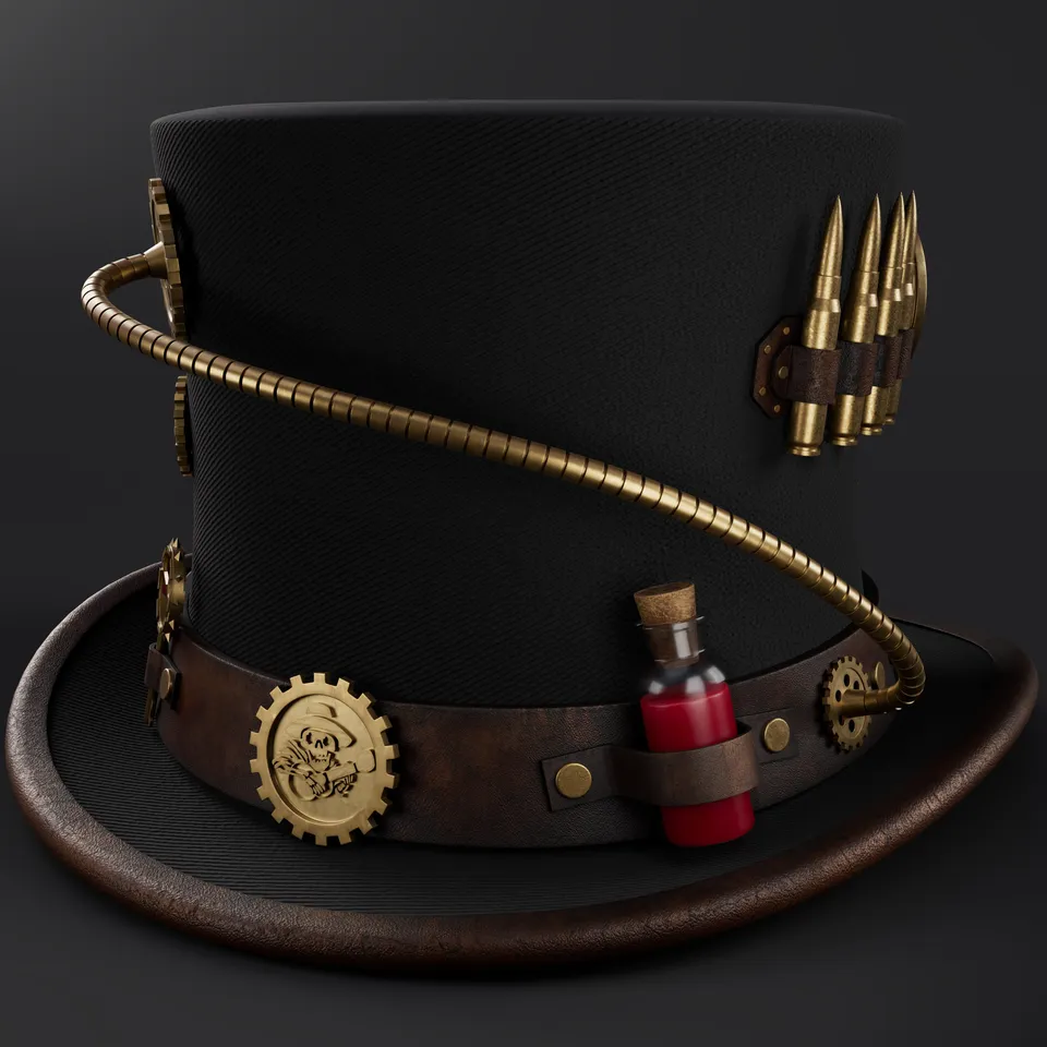 Student 3D model of a steampunk top hat with brass fittings