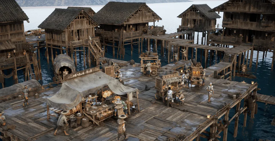 Student 3D environment of a wooden stilt village over water